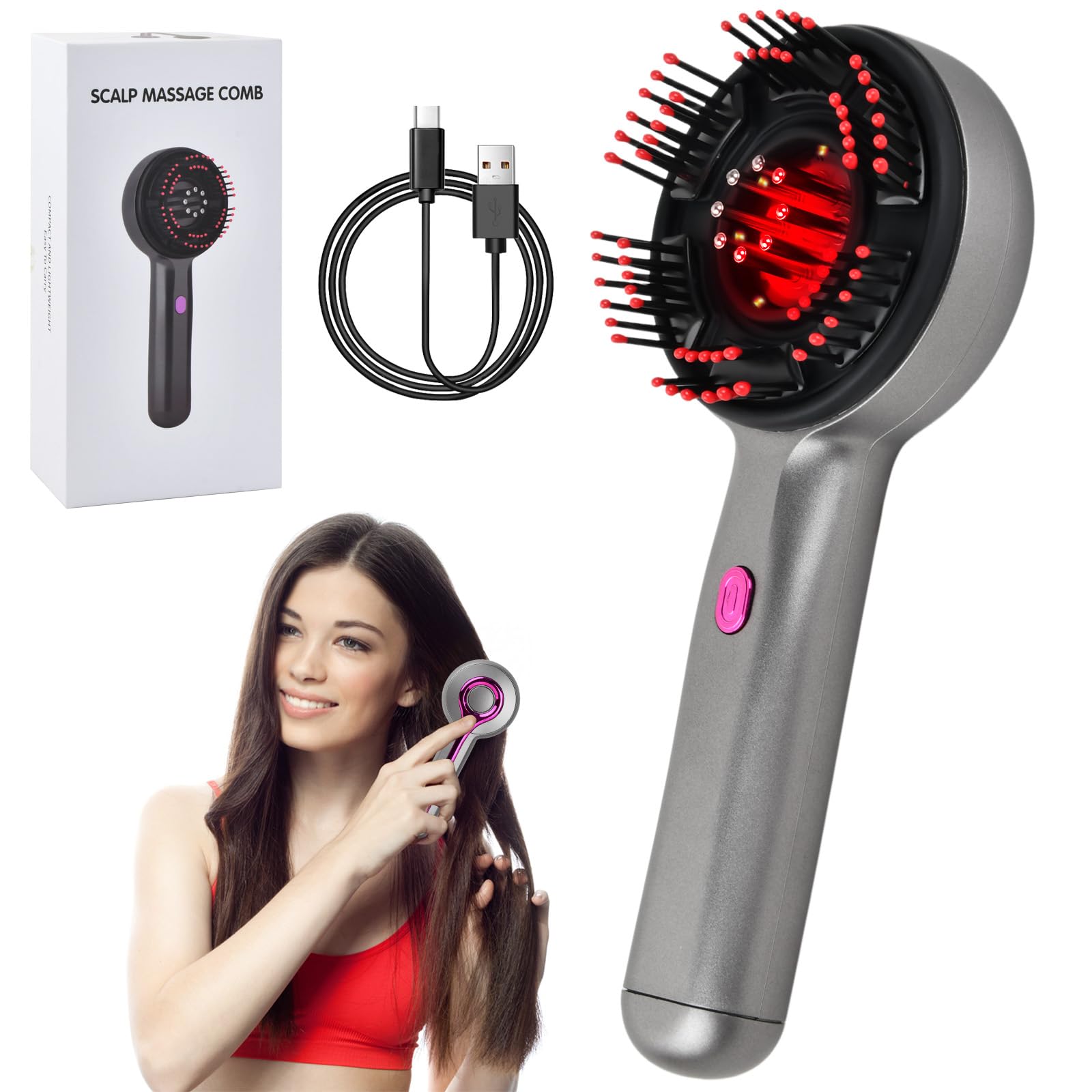 Electric Hair Growth Massager Brush, 3 in 1 Hair Massage Brush, Hair Massager Comb with Red Light and Oil Applicator 2ml, IPX7 Resistant (Grey)