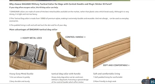 Miniatura 2 de Juego de collar táctico y cuero para perro, collar militar para perro, hebilla de metal pesado ajustable, adecuado para perros M, L, XL (juego