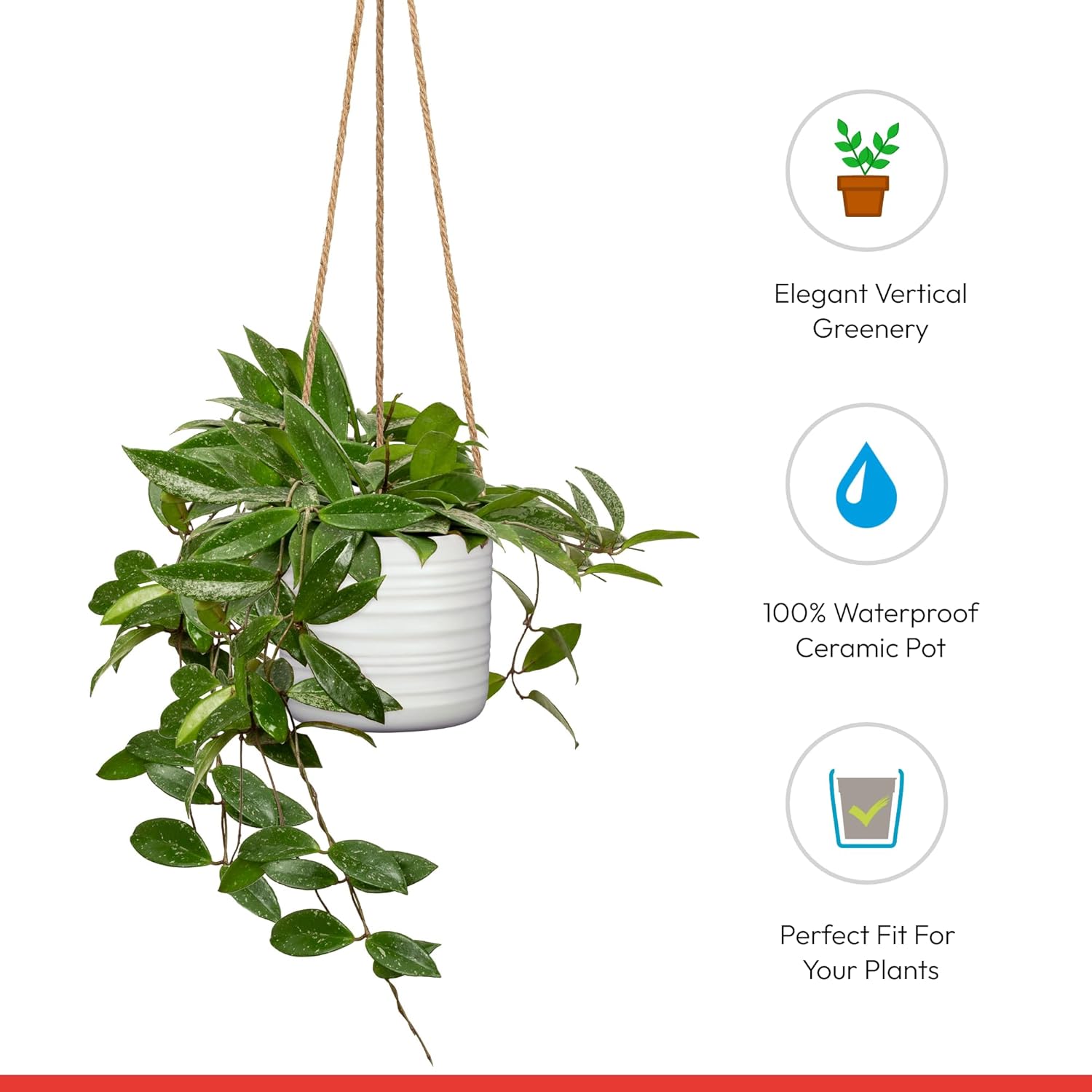 SCHEURICH Set of 2 Soft Whool Cottage Ceramic Hanging Plant Pot 6.5" - with 22" Sisal Rope Hanger - Waterproof&Break-Resistant, for Indoor&Outdoor Plants, Succulents&Flowers - Made in Germany - 0.7 gl