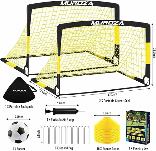 Miniatura 2 de Juego de porterías de fútbol para niños para patio trasero, paquete de 2 redes de fútbol portátiles desplegables con pelota de fútbol, escalera de