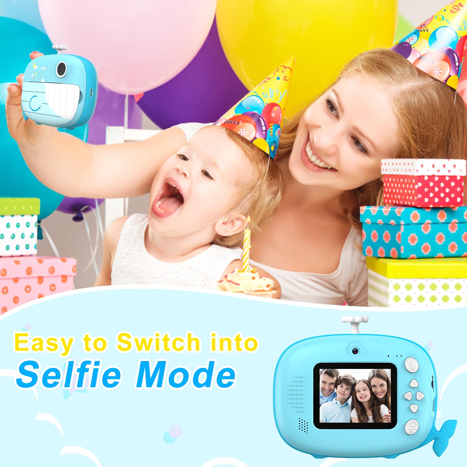Ushining Camara Fotos Infantil Instantanea, 10X Zoom 1080P Videocámara Cámara Instantánea Niños con Pantalla de 2,4 Pulgadas Papel de Impresión y Tarjeta TF de 32GB, Regalos para Niños y Niñas, Azul