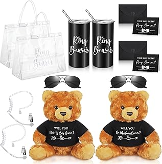 Jexine 14 Pcs Wedding Ring Bearer Gifts Sets, Stainless Steel Tumbler with Straw, Stuffed Bears, Ring Bearer Card, Envelope, Sunglasses, Earpiece, Gift Bag for Wedding Party favors