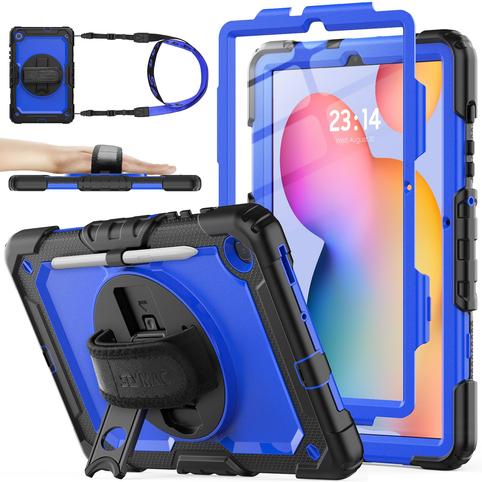 SEYMAC stock Case for Samsung Galaxy Tab S6 Lite 10.4’’ (2024-2020) with Screen Protector Pencil Holder [360° Rotating Hand Strap] &Stand, Drop-Proof