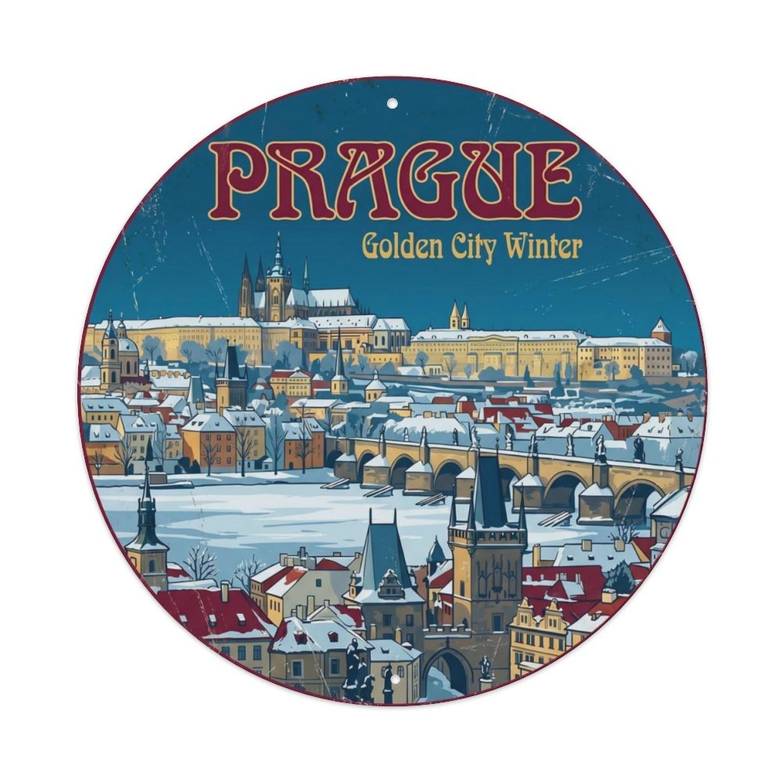 Vintage Travel Prague Czech Castle Metal Tin Sign Plaque Wall Decor for Cafe, Club Bar, Office, Home Garden Round Metal Poster 8x8Inch