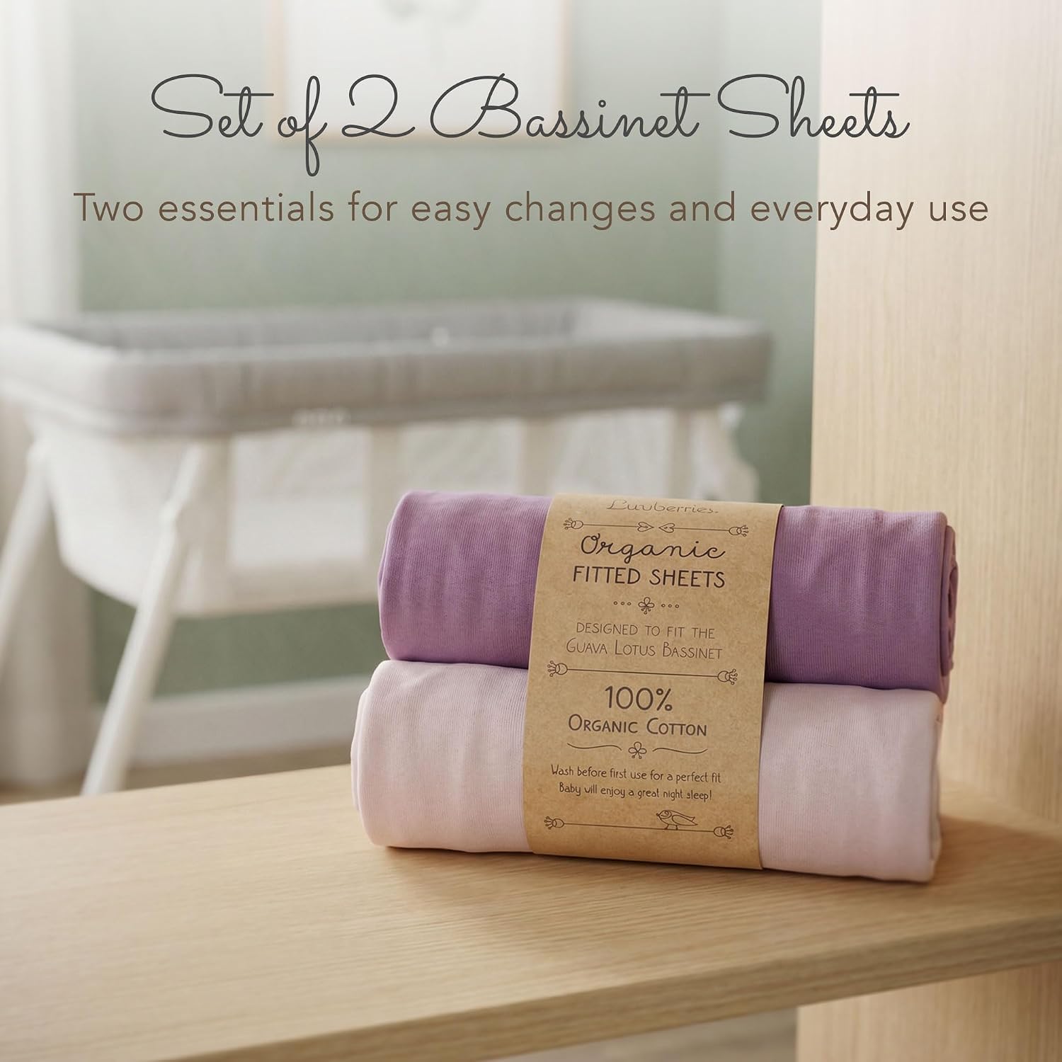 100% Organic Cotton Bassinet Sheets for Guava Lotus Bassinet, 2 Pack – Breathable Soft Fitted Bassinet Sheets for Baby & Newborn, Unisex (Purple)