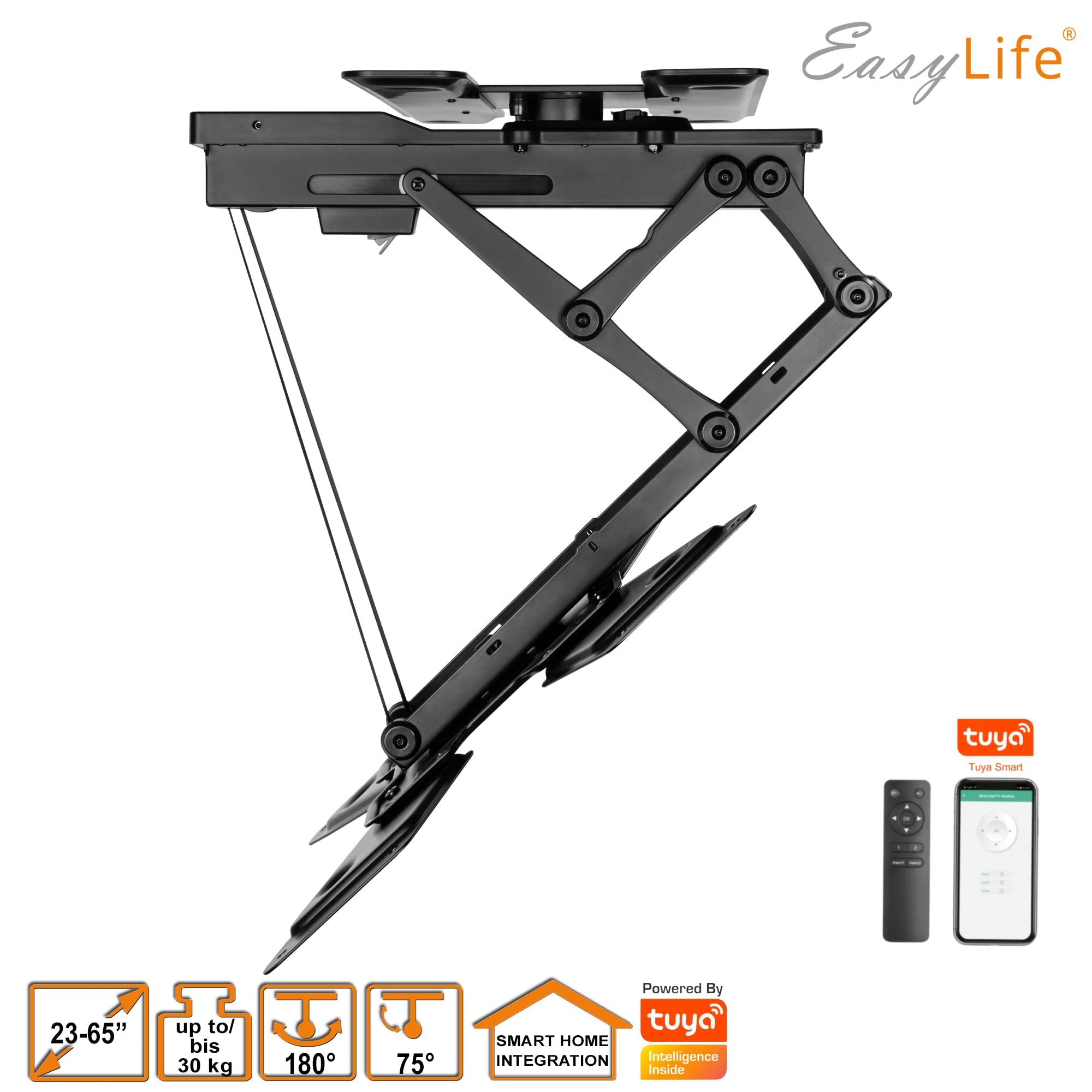 EasyLife – Supporto da Soffitto Per TV Elettrico, Girevole e Inclinabile, Integrazione Smart Home, da 23 a 65 Pollici, Supporto VESA Fino a 400×400 per TV LCD/OLED, Monitor, Display - Nero