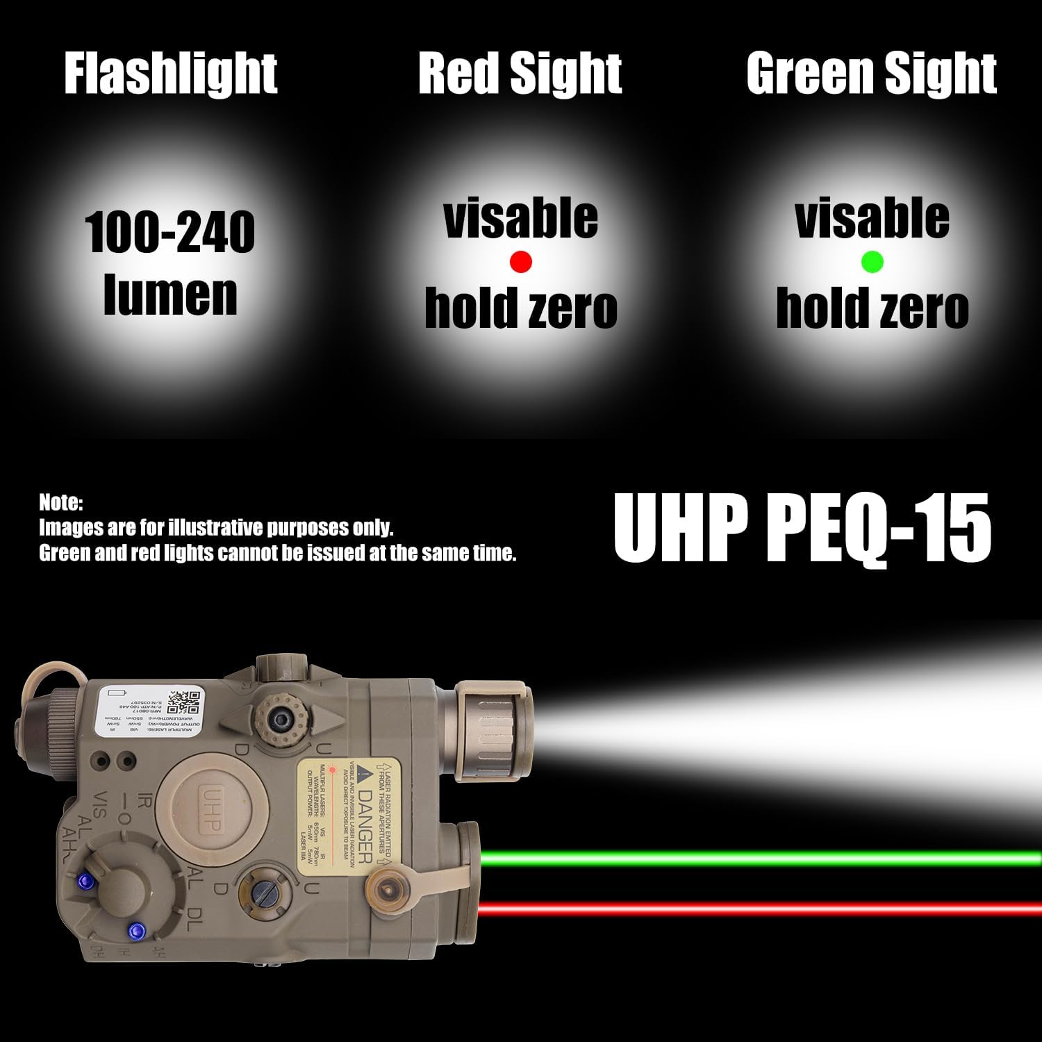 Zhongren Airsoft Tactical 3 in 1 PEQ 15 IR Laser White LED Flashlight + Red/Green Laser Sight for AEG GBB CQB for Outdoor Paintball Hunting