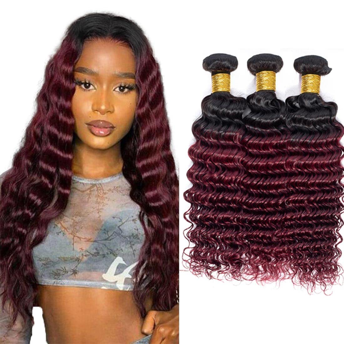 20 22 24 Inch 1b99j Deep Wave Bundles Ombre Human Hair