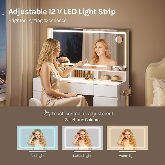 WOLTU Dressing Table with 110 cm Wide LED Mirror & 5x Magnifying Mirror