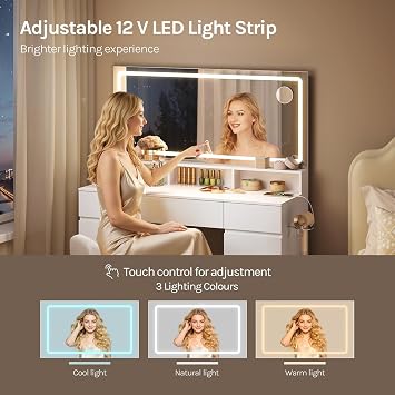 WOLTU Dressing Table with 110 cm Wide LED Mirror & 5x Magnifying Mirror