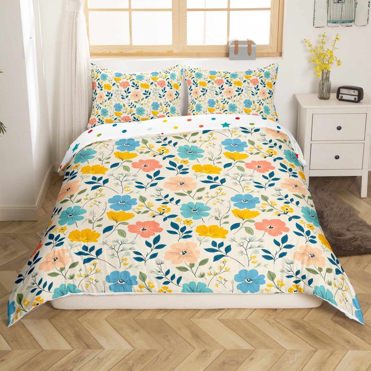 jejeloiu Boho Floral Duvet Cover Toddler Size Kids Blossom Flowers Comforter Cover for Boys Girls Teens Botanical Floral Bedding Set Breathable Botanical Bedroom Decor Bedclothes