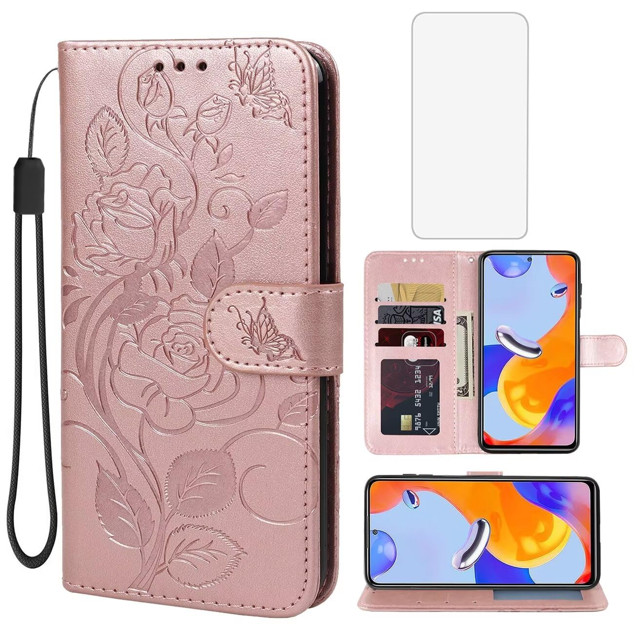 Vavies Case for Redmi Note 11 Pro 4G/Note 11E Pro Wallet Case with Tempered Glass Screen Protector, Flower Leather Flip Credit Card Holder Stand Phone