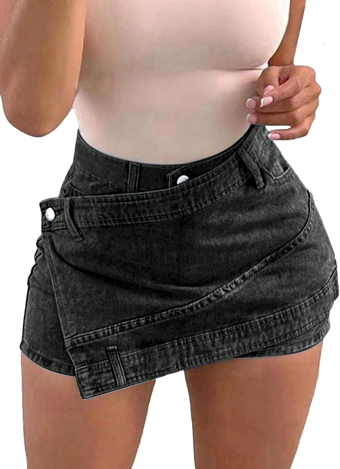 Avanova Women Denim Mini Skirt Jean Skort Sexy High Waist Asymmetrical Wrap Stretch Short Skirts