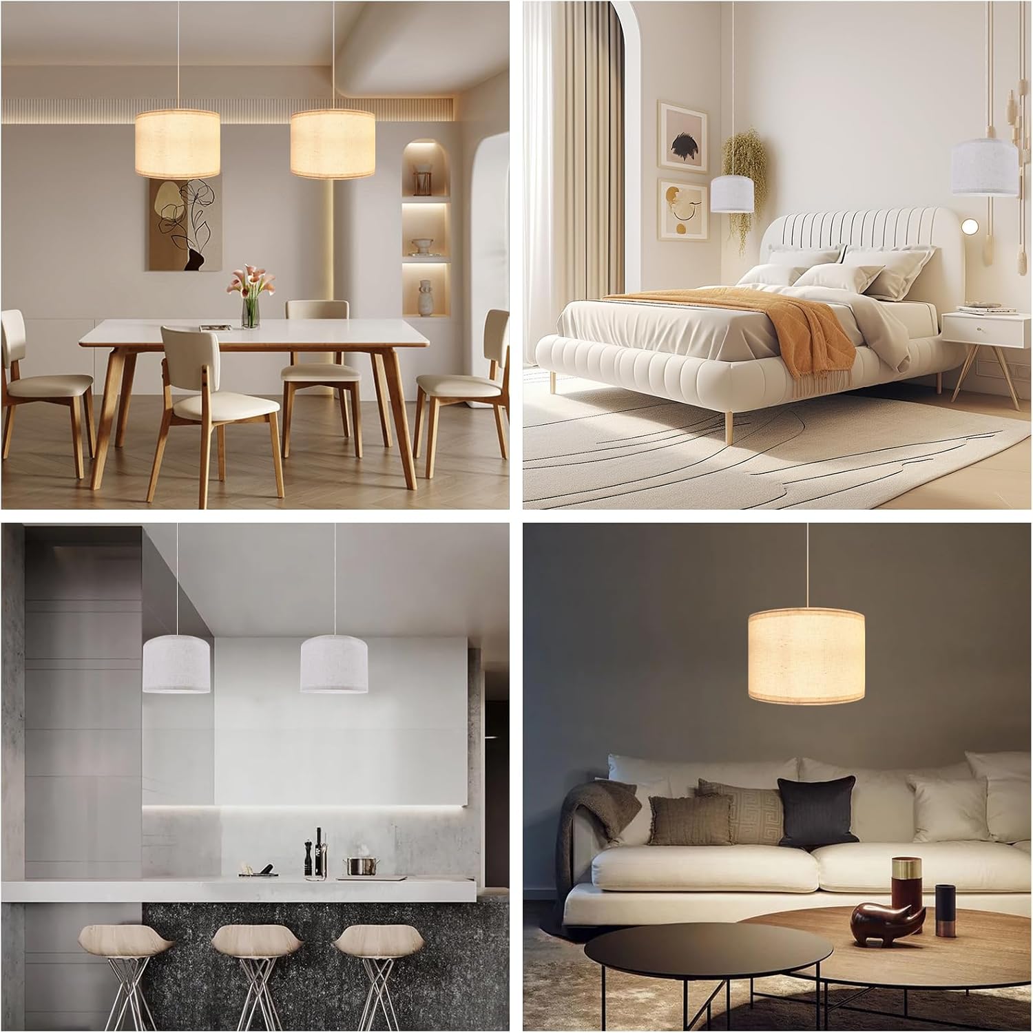Hanging Lamp Plug in Pendant Light, 15Ft Hanging Lights with Plug in Cord, On/Off Switch, Linen Shade, E26/E27 Bulb Socket Hanging Lamp for Living Room, Bedroom, Dining Room, Kitchen,Beige
