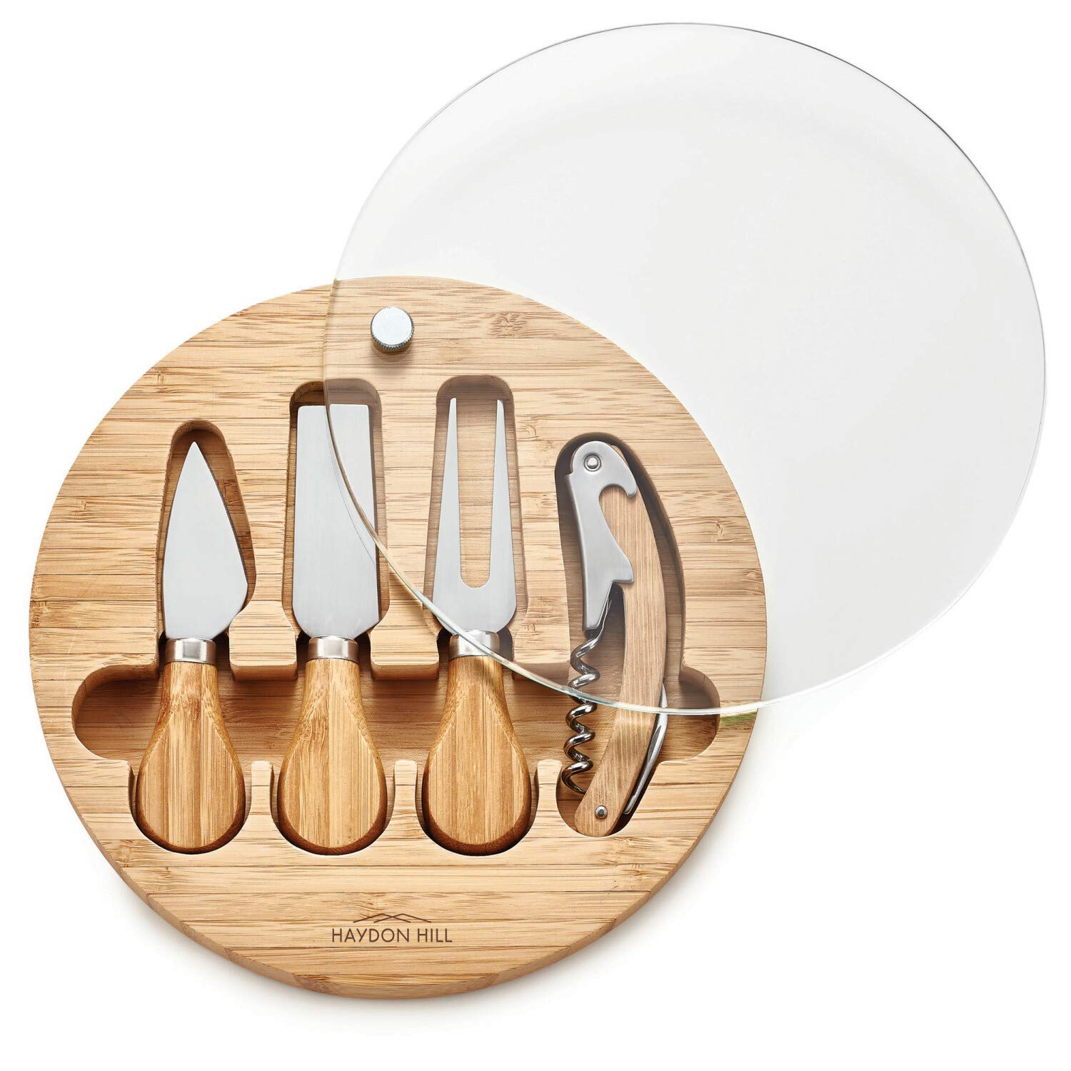Haydon Hill Bamboo Charcuterie Platter 4-Pc Set with Cheese Knives, Serving Fork, and 3-in-1 Wine Opener