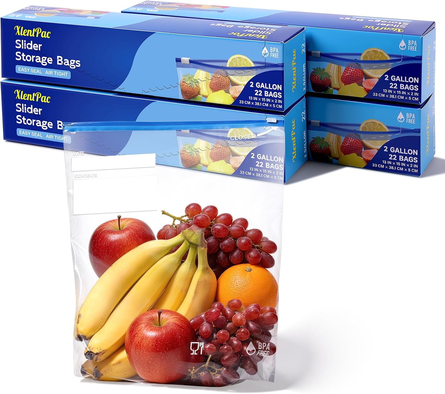 Slider Storage Bags 2 Gallon 88 Count BPA Free, Expandable Bottom for Food Storage Refrigeration & Freezer Safe Multi-Purpose Easy-Write Zip Bags for Kitchen Travel & Organization
