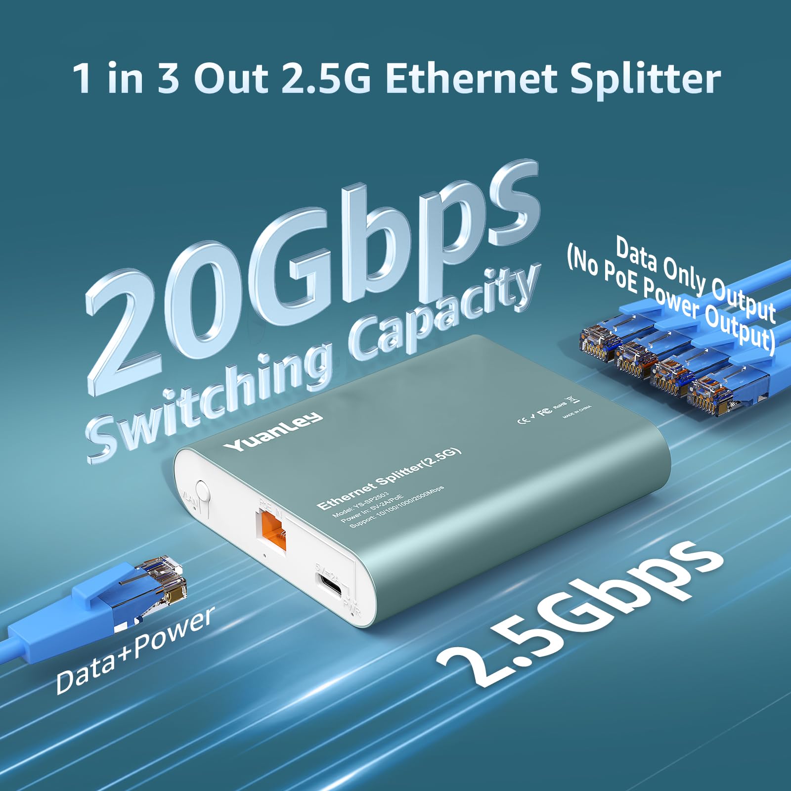 Switch Splitter Ethernet 2.5G 1 a 3 Porte con Ingresso PoE, Splitter ad Alta Velocità 4 Porte 2.5G con Scocca in Alluminio, Isolamento VLAN, Espansore di Rete Alimentato USB-C/PoE per Router, PC