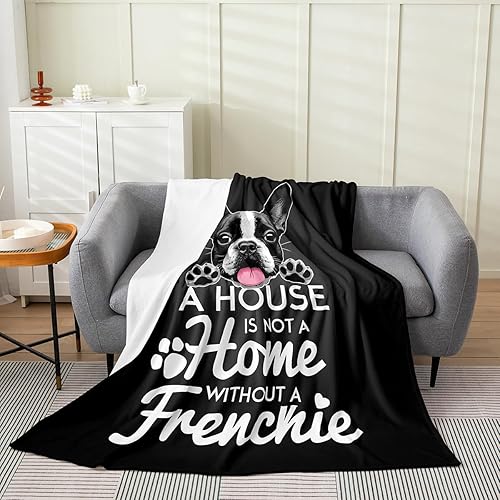 Miniatura 3 de Manta de forro polar con diseño de cachorro francés para cama de niños y niñas, manta mullida de bulldog blanco y negro para todas las estaciones,