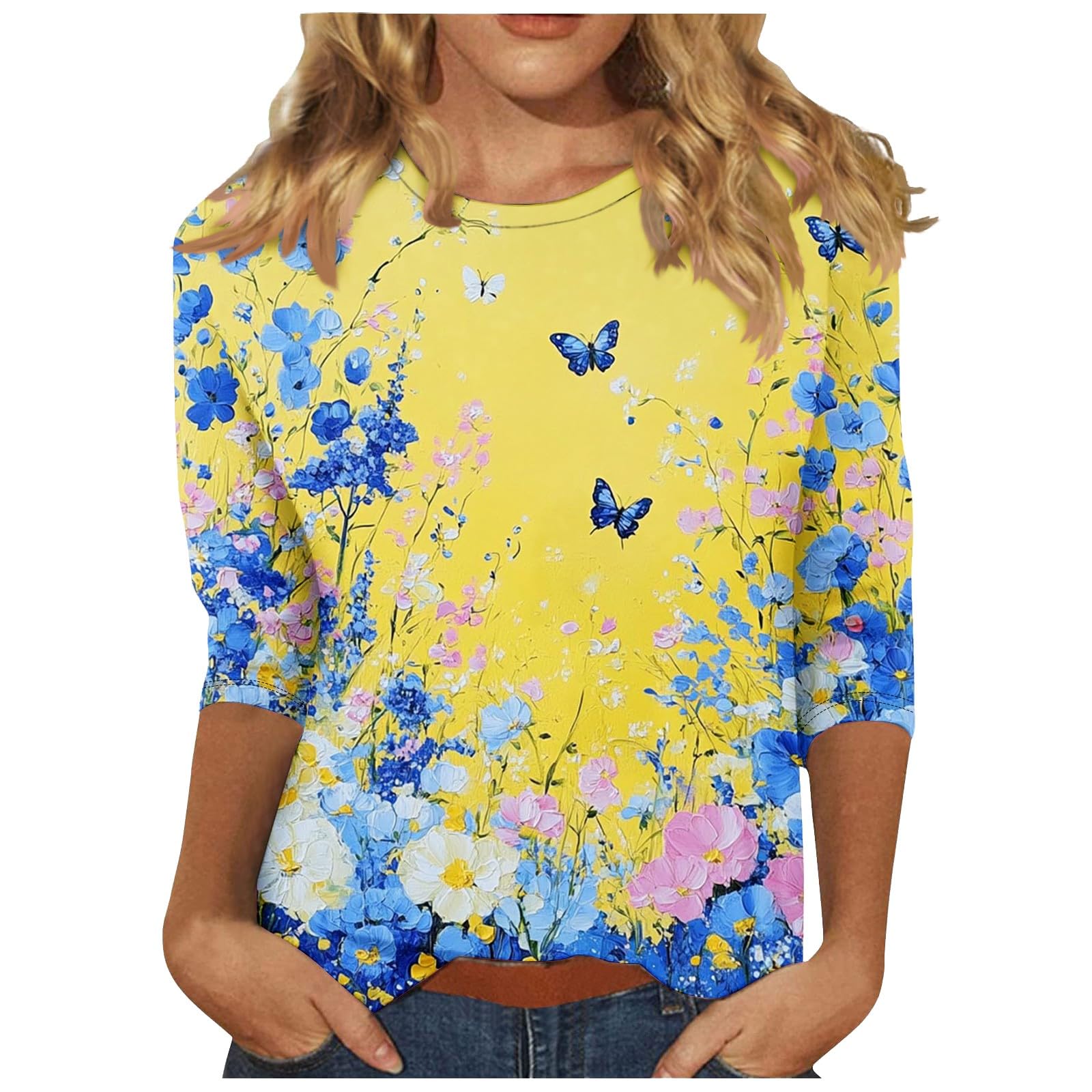 Shirts for Women Comfort 3/4 Length Sleeve Tops Casual Round Neck Tshirts Summer Trendy Floral Print Blouses Dressy