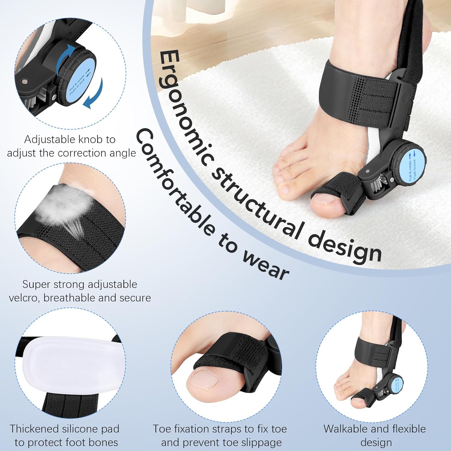 Bunion Corrector for Women Men: Big Toe Straightener Bunion Fix with Adjustable Knob-Orthopedic Bunions Splint Brace Toe Alignment Correction for Hallux Valgus Pain Relief Day/Night (Black) - Image 4