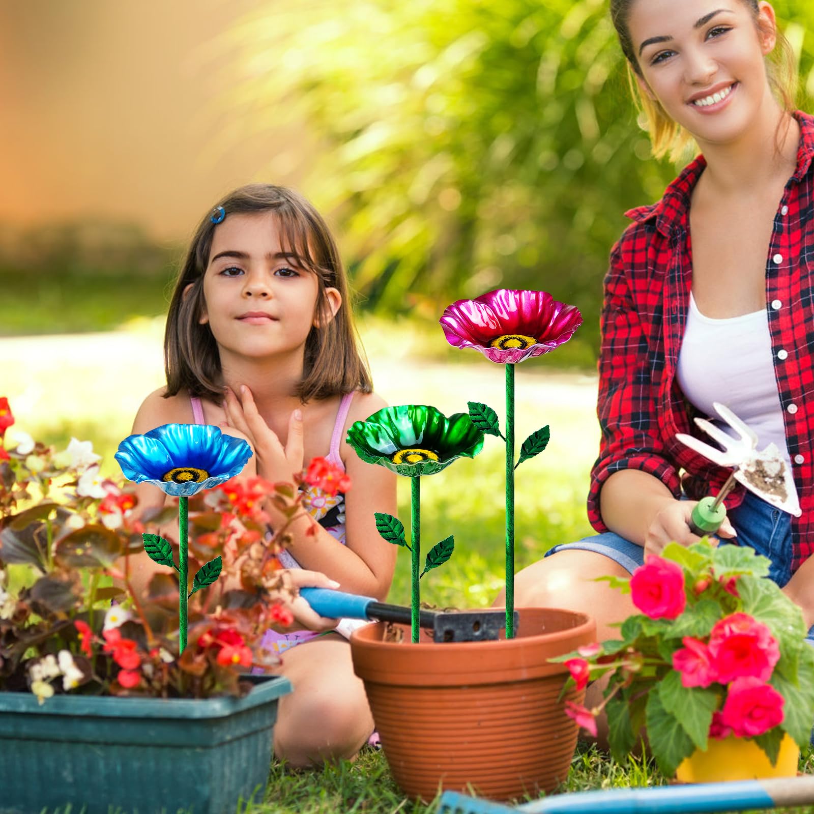 Baños de metal para pájaros para exteriores, baño de pájaros de jardín y comederos para pájaros con estaca de metal, comedero de colibrí para decoración de césped al aire libre (5 piezas)
