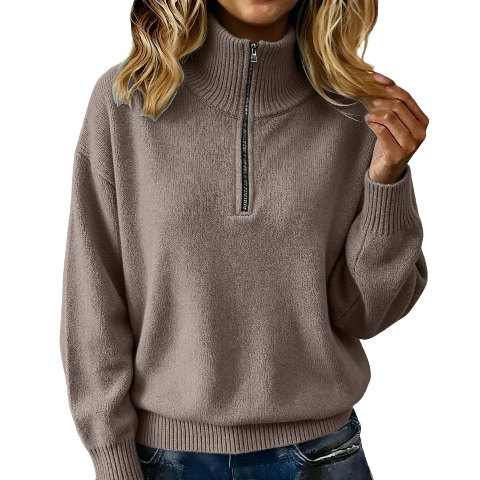 Cárdigan de Punto con Cremallera Frontal para Mujer, Manga Larga, Color Liso, Estilo Casual, de Corte Relajado, Tipo Chaqueta, Bolsillos, Ideal para superponer en otoño y Primavera