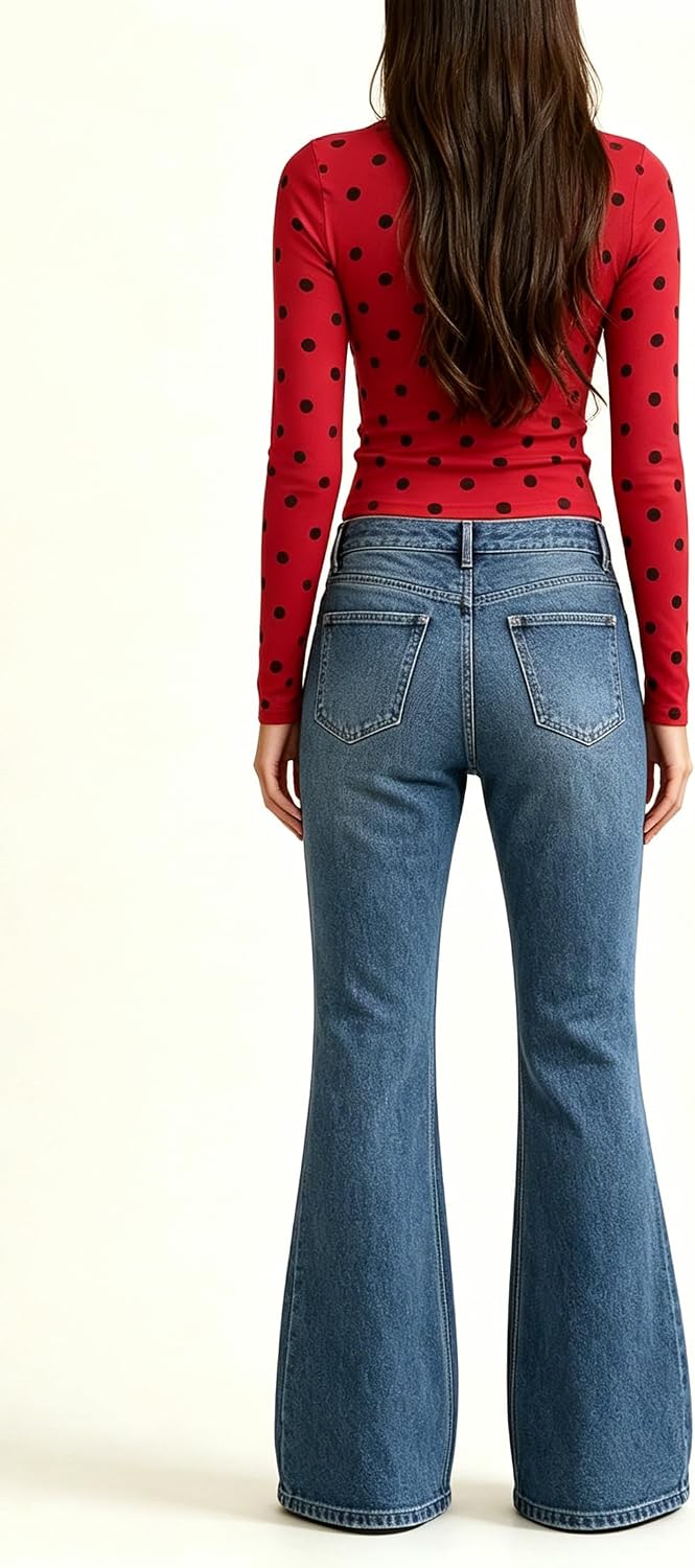 UAURORAO Women Polka Dot Top Long Sleeve Crewneck Y2K Crop Tops Dots Print Stretch Slim Fit T Shirts