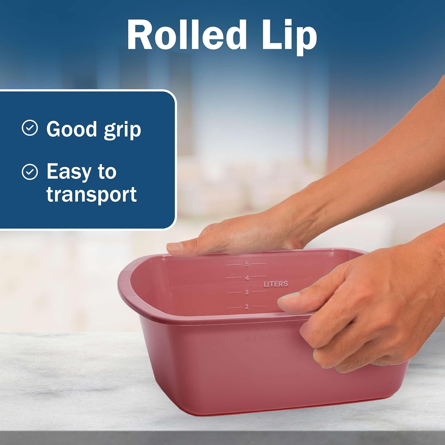 Plastic Wash Basin 2 Pack - 5 Liter Rectangle Plastic Tub with Rolled Rim - Good for Washing Limbs and Carrying Liquid - Good for Hospitals, Nursing Homes, and Medical Facilities