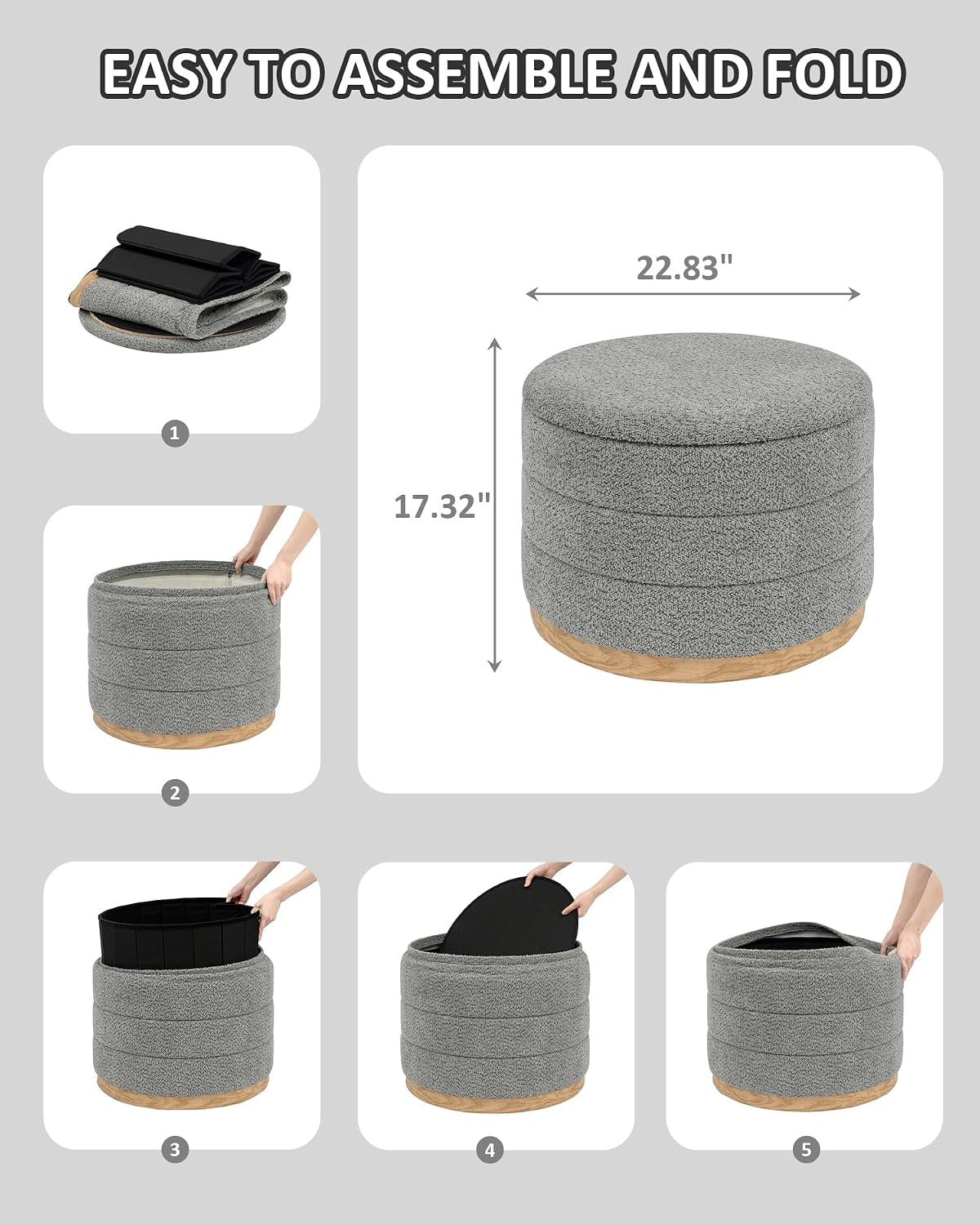 PINPLUS Chenille Folding Ottoman Footstool, Round Storage Ottoman, Soft Fabric, 330 lbs Load Capacity, Large Ottoman for Living Room, Bedroom, Dorm, Grey Colors