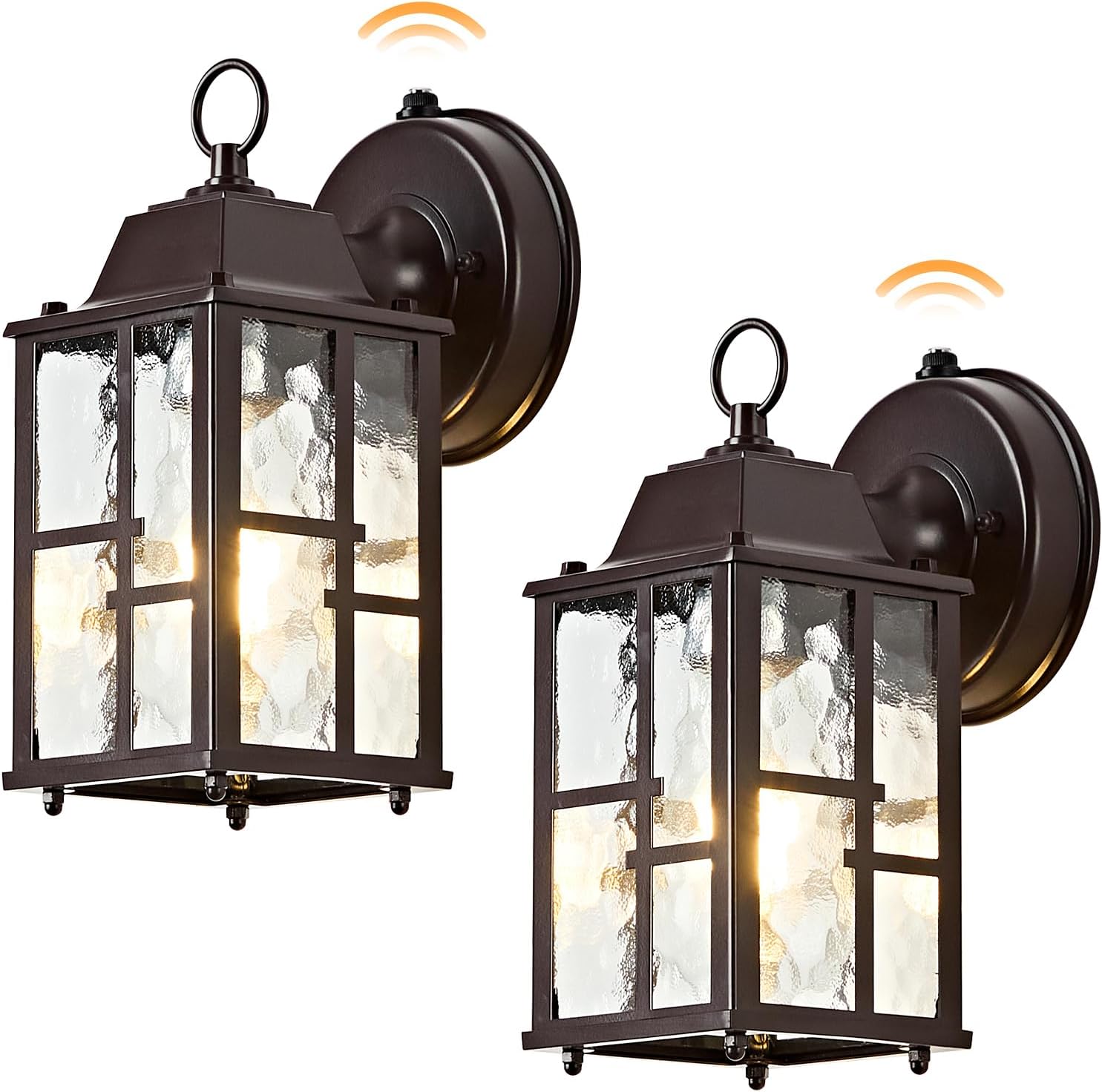 OKELI 2-Pack Dusk to Dawn Outdoor Wall Lights, Weatherproof Exterior Lighting Fixture Wall Mount, Aluminum Ripple Glass Porch Light, Anti-Rust Outside Wall Sconce for House, Garage(Brown)