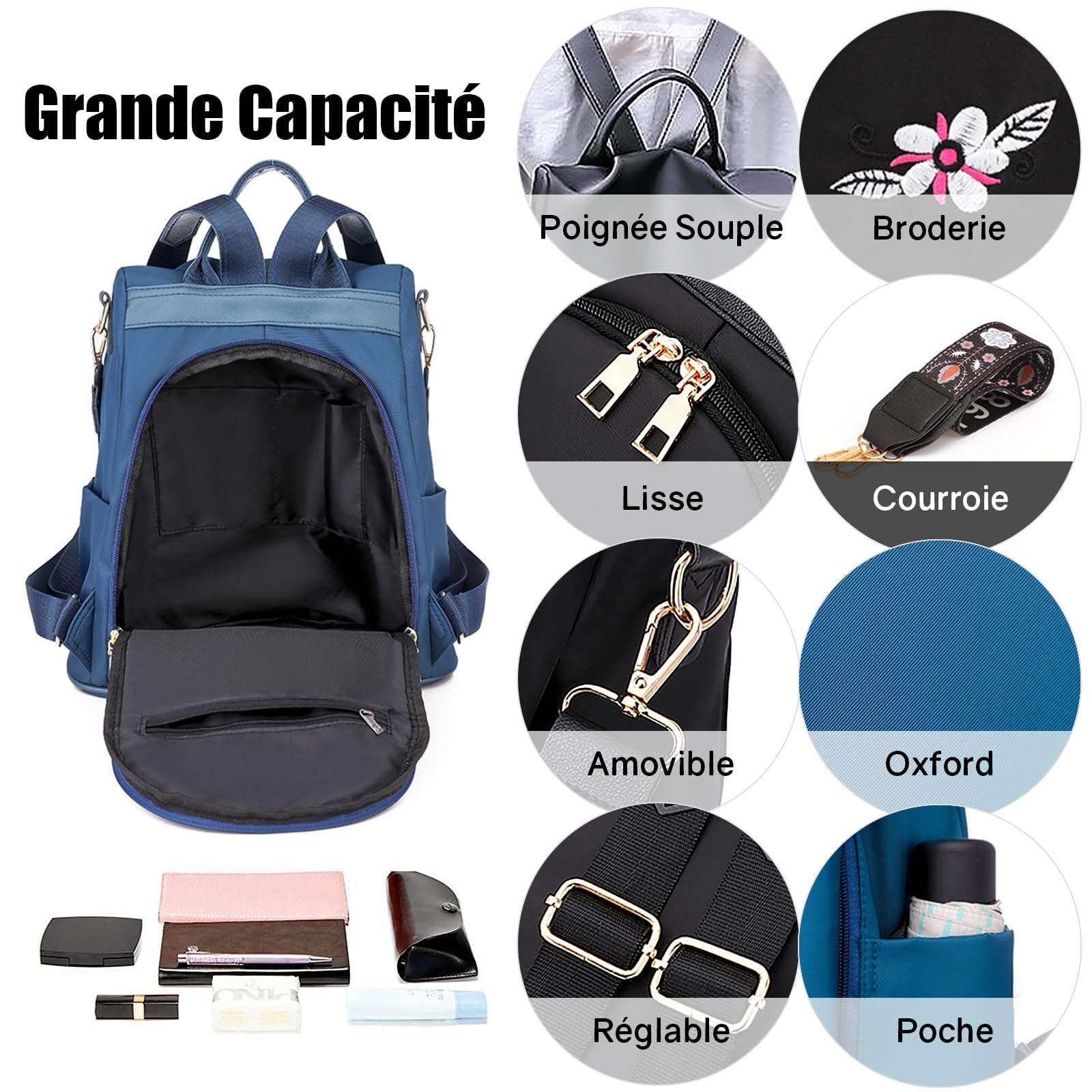 Sac à Dos Anti-vol Femme, Sac à Main Loisir, Sac de Voyage Elegant, Sacs Portés Dos Imperméable, Sac à Bandoulière pour École, Shopping, Travail, Voyages, Collège