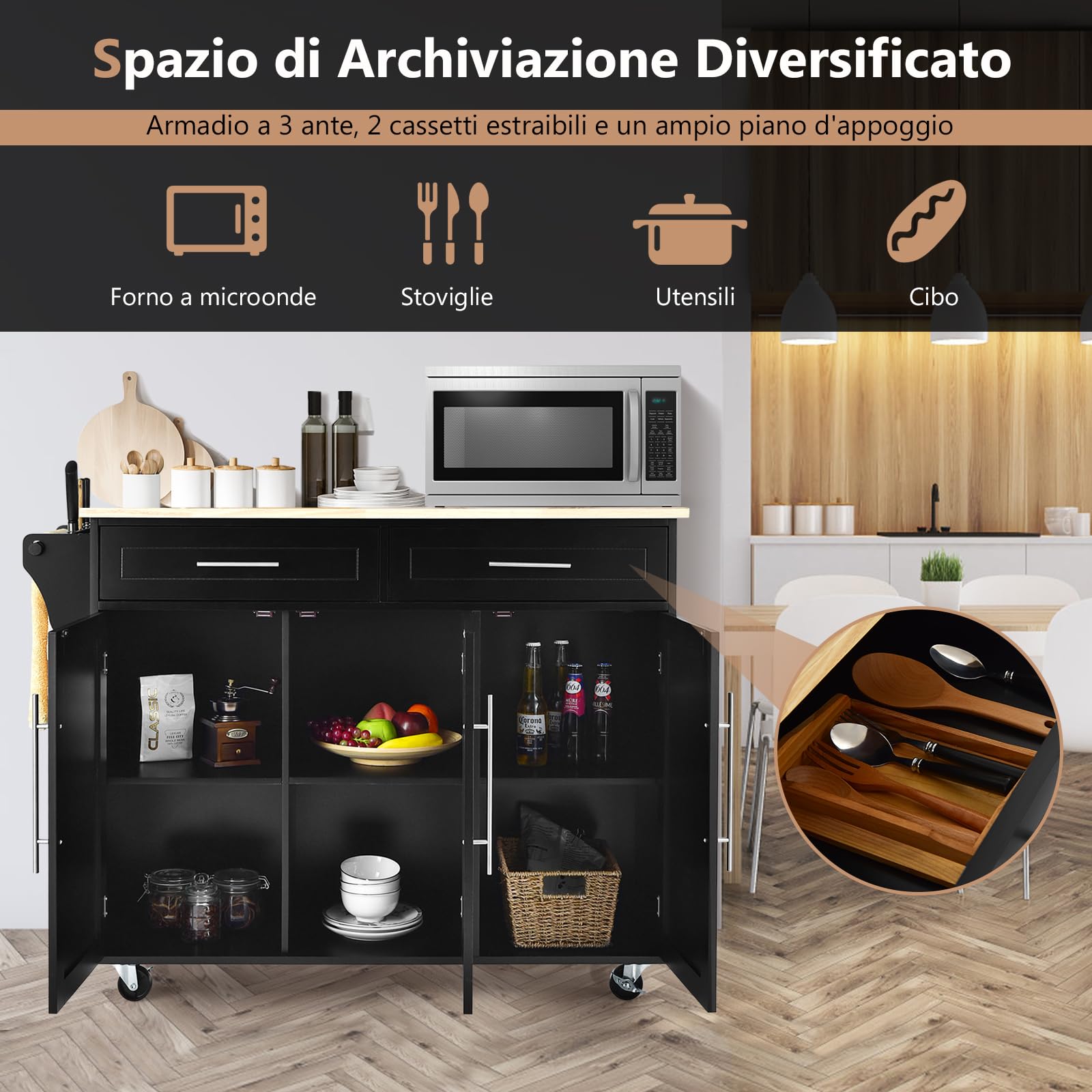 GYMAX Credenza Mobile su Ruote, Carrello Cucina a 3 Ante con Maniglia, Ripiano Ragolabile in Altezza, 2 Cassetti, 6 Cubi Portaoggetti, Portasciugamani, 122x46x92,3 cm, Bianco (Nero)