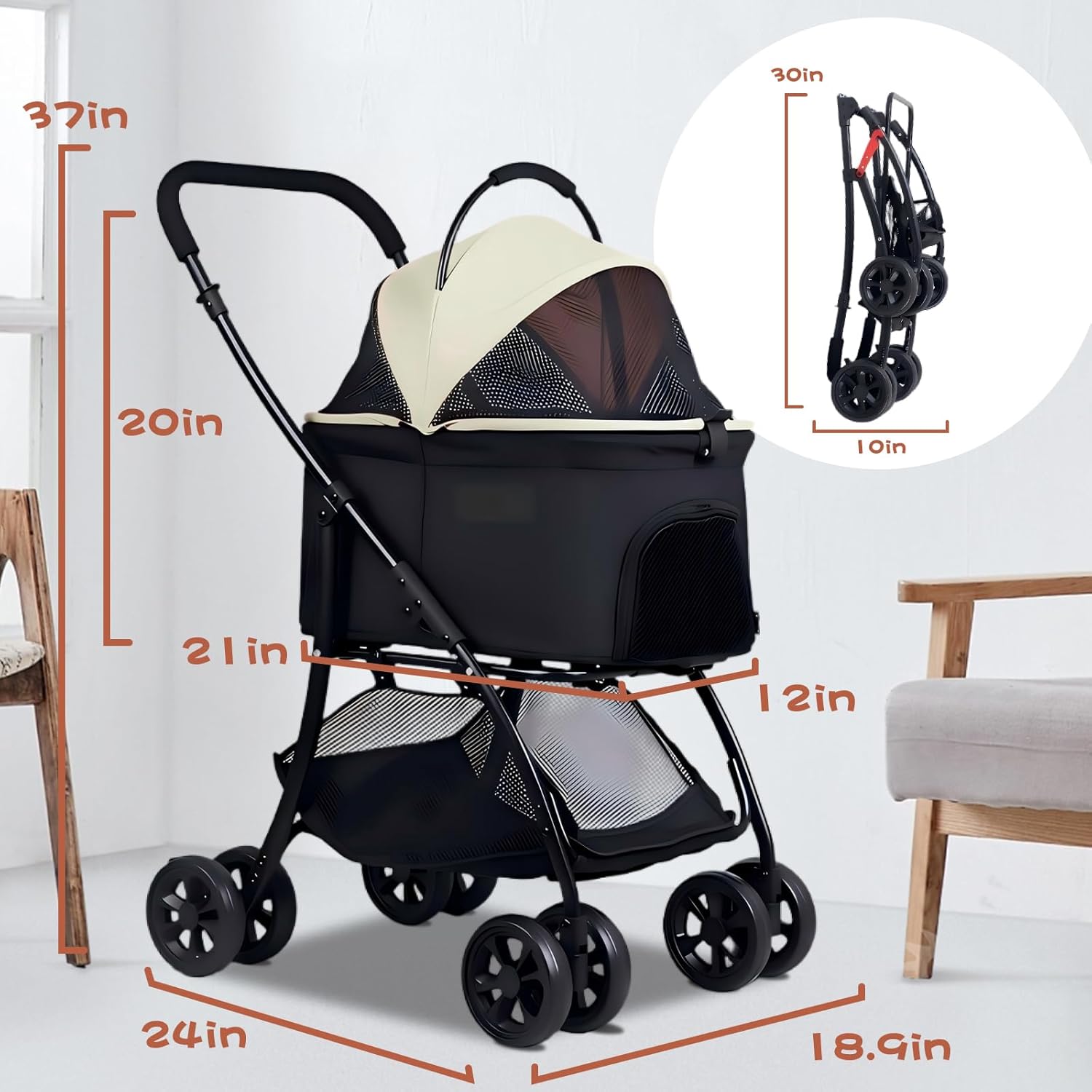 Pet Stroller for Small Dogs with Removable Carrier, Dog Stroller for Medium Dog 20 lbs, 4 Wheels Cats Stroller for 2 Cats with Cup Holder, Easy Assembly, 20-66 lbs Weight Capacity (Khaki)