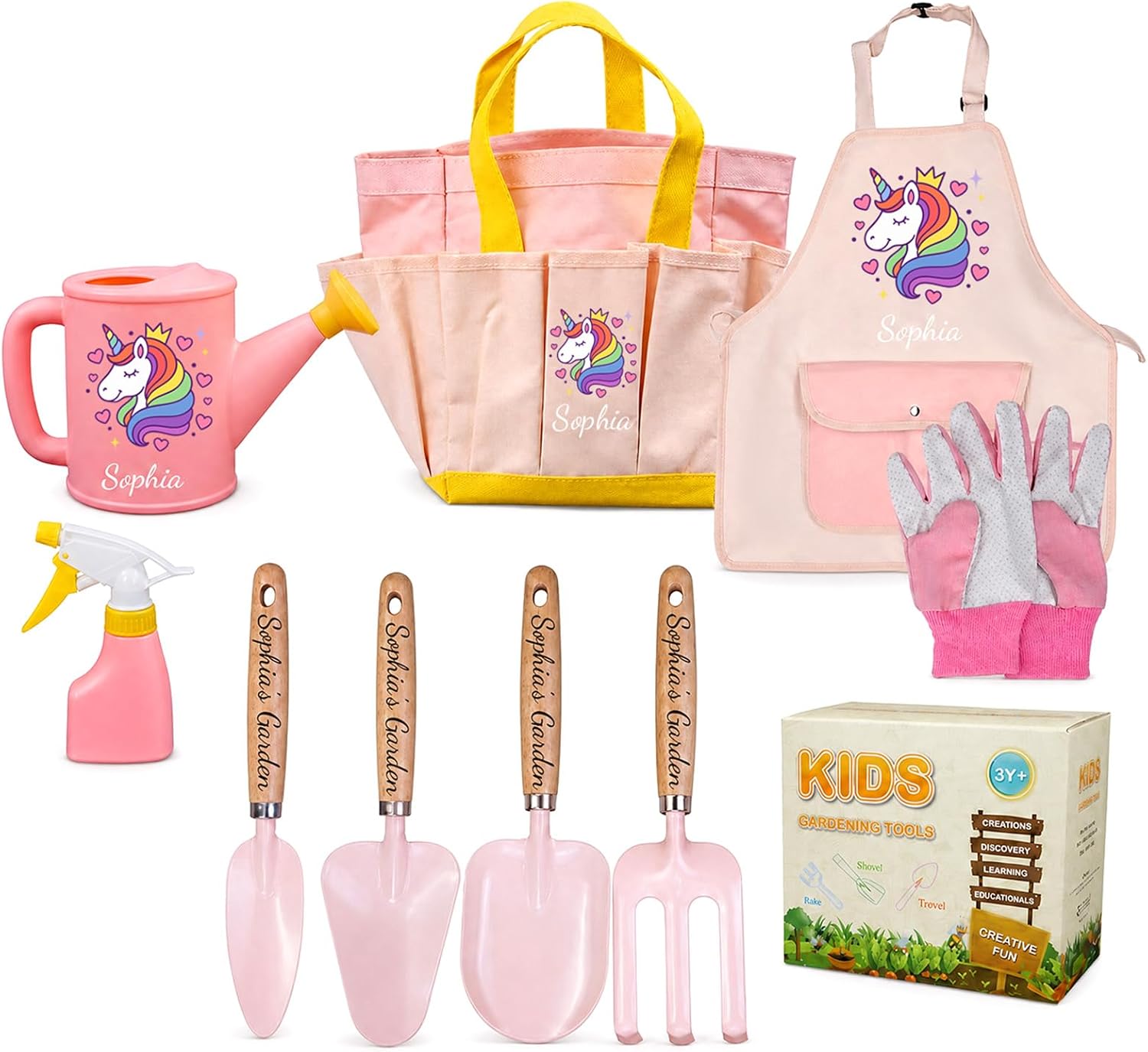 Personalized Kids Gardening Set, Custom Name, Gardening Tools Kit for Kids Toddler, Includes Tote Bag, Watering Can, Shovel, Apron, Outdoor Toys for Girl Boy, Birthday Gifts