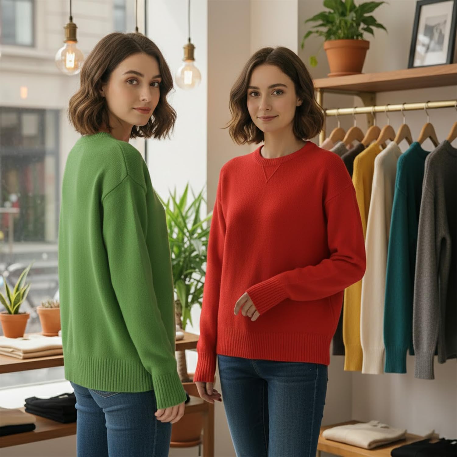 Grewear ユニ 長袖 クルーネック Vステッチ セーター ソフト 快適 ニット プルオーバー リブカフス カップルと家族