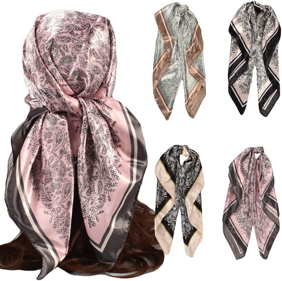 4Pcs Silk Head Scarves for Women Satin Hair Scarf 35”Large Square Bandana Silk Like Neck Scarf Shawl