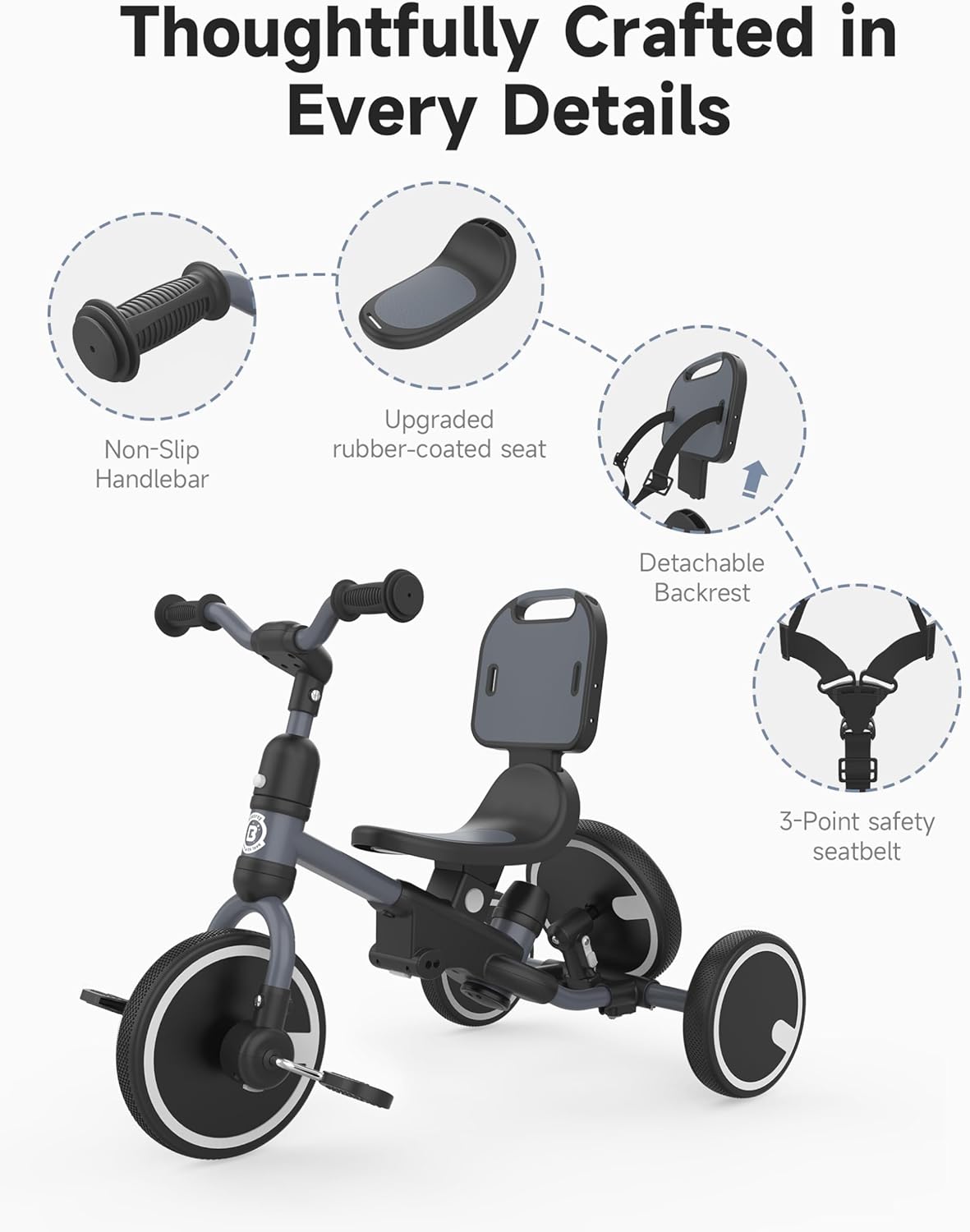 besrey Toddler Bike 1-3 Years Old,Toddler Tricycle with Spare Wheel,5 in 1 Kids Trike with Push Handle,Backrest and Safety Belt,Balance Bike 1+ Year Old,Birthday Gift and Toy for Boys and Girls