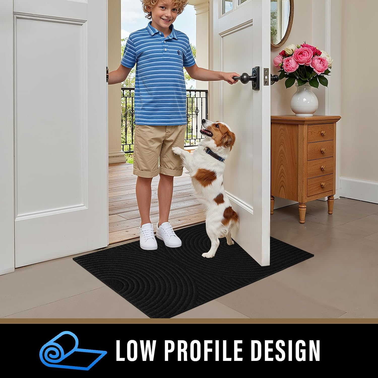 PLEASOR Front Door Mat Outside Entrance, Absorbent and Dirt Resistant Welcome Mat Indoor Outdoor, Non-Slip Backing Entry Mat, Easy Clean Low Profile Doormat for Entryway, 60x36, Black