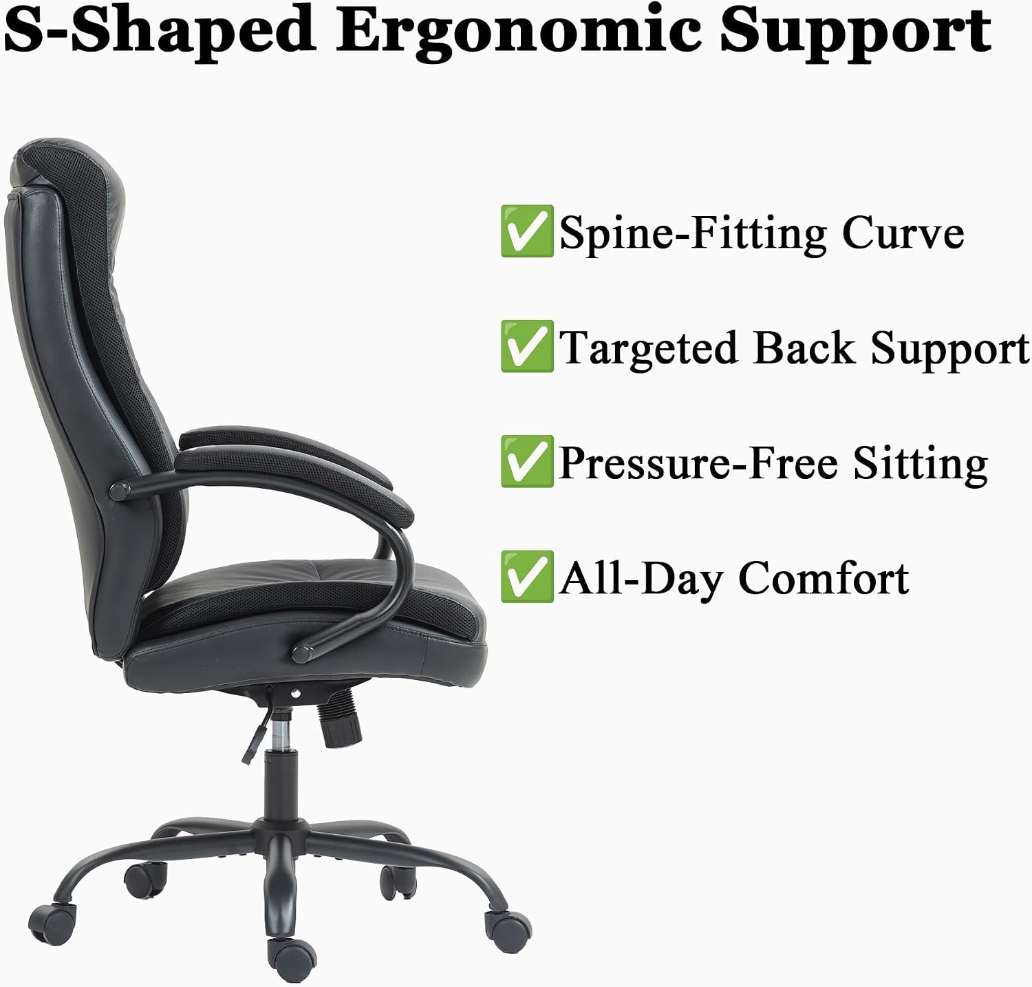 Executive Leather Office Chair,Comfortable Office Gaming Chair with Lumbar Support,Executive Desk Chairs with Cushion,Wheels,Rocking Function,300 lbs Capacity, Black