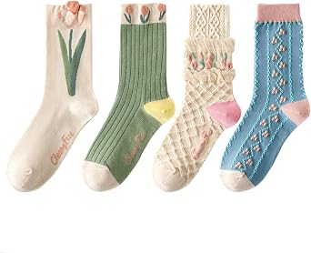 4 Pairs Cute Ladies Slouch Frilly Socks - Womens Vintage Embroidered Floral Patterned Cotton Pop Crew Socks