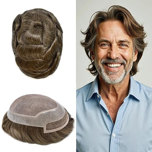 Miniatura 23 de Toupee - Sistema de cabello humano de repuesto con encaje frontal para hombre, extensiones de pelo tipo tupé mono PU para hombres