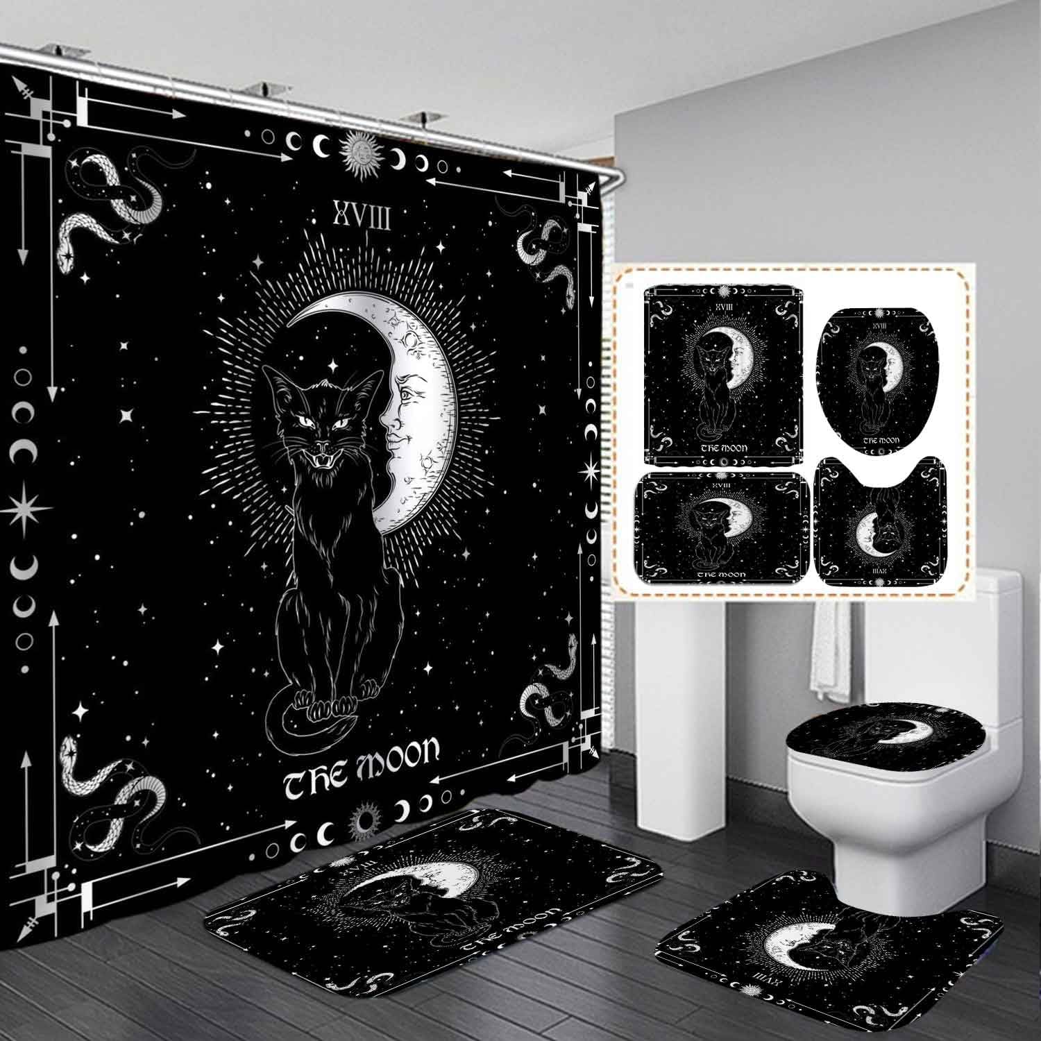 Camille&Andrew 4PCS Witch Black Cat Shower Curtain Set, Tarot Black and White Snake Moon Phase Celestial Mystic Witchy Goth Gothic Bathroom Decor, Waterproof Fabric Shower Curtain, Non-Slip Bath Mat