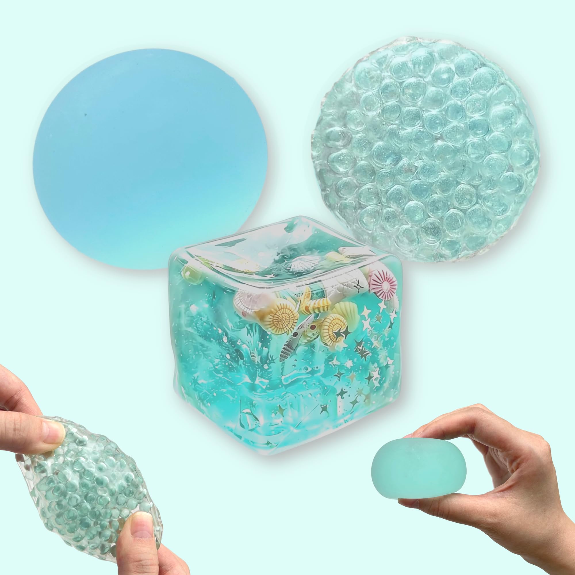 Seafoam Calm Sensory Squishy Set for Adults – 3 Texture Fidget Toys with Slow Rising Stress Ball, Crunchy Bead Squishy & Ocean Jelly Cube for Anxiety Relief, Desk Sensory Toy Gift (Seafoam Calm) — image 1