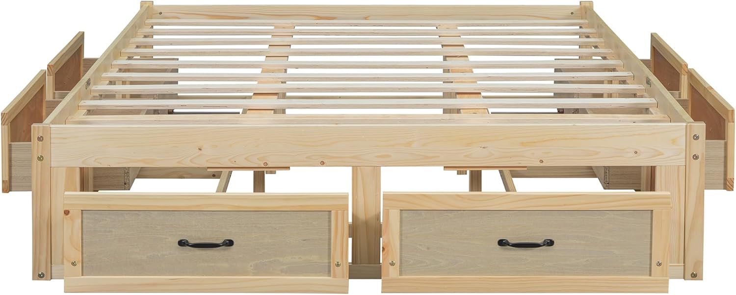 KE'VERSO Queen Size Platform Bed Frame with 6 Storage Drawers, Bed Frame Queen Size Without Headboard, Wood Slat Support, Noise-Free, No Box Spring Needed, Easy Assembly, Antique Natural