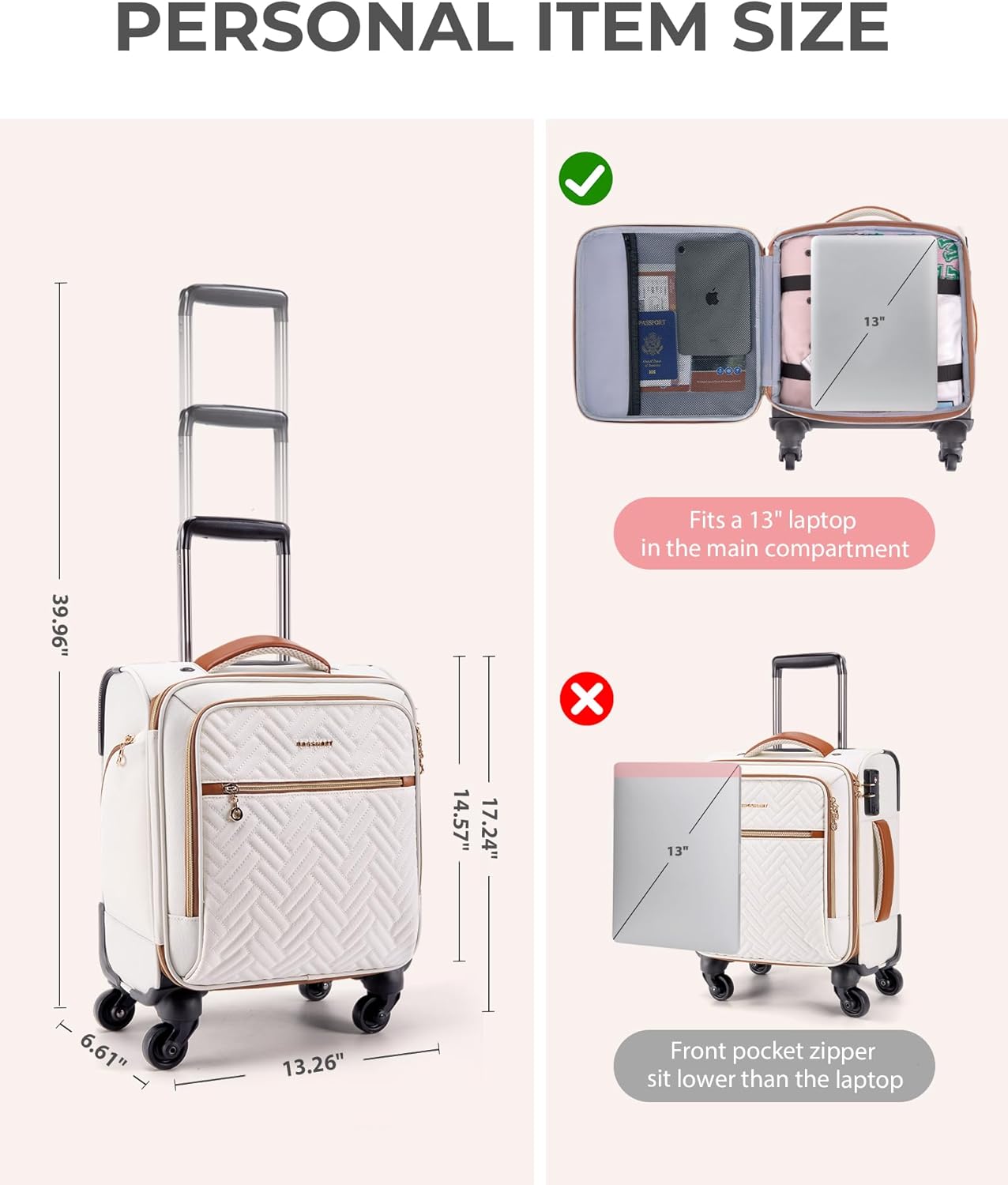 BAGSMART Underseat Carry On luggage Airline Approved, 16-inch Small Softside Underseater Travel Suitcase with Spinner Wheels Overnight Bag Small Rolling Carry-on for Women Men Weekender,Beige Underseat-Beige image 6 of 8 B0DHCKXD92