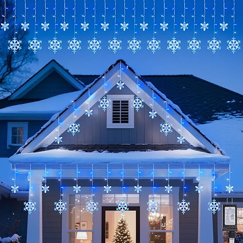 Miniatura 11 de Brightown Luces de Copo de Nieve de Navidad para Exteriores - Cadena de Copos de Nieve de 13 Pies 192LED, 16 Gotas, 12 Modos, Temporizador, IP65