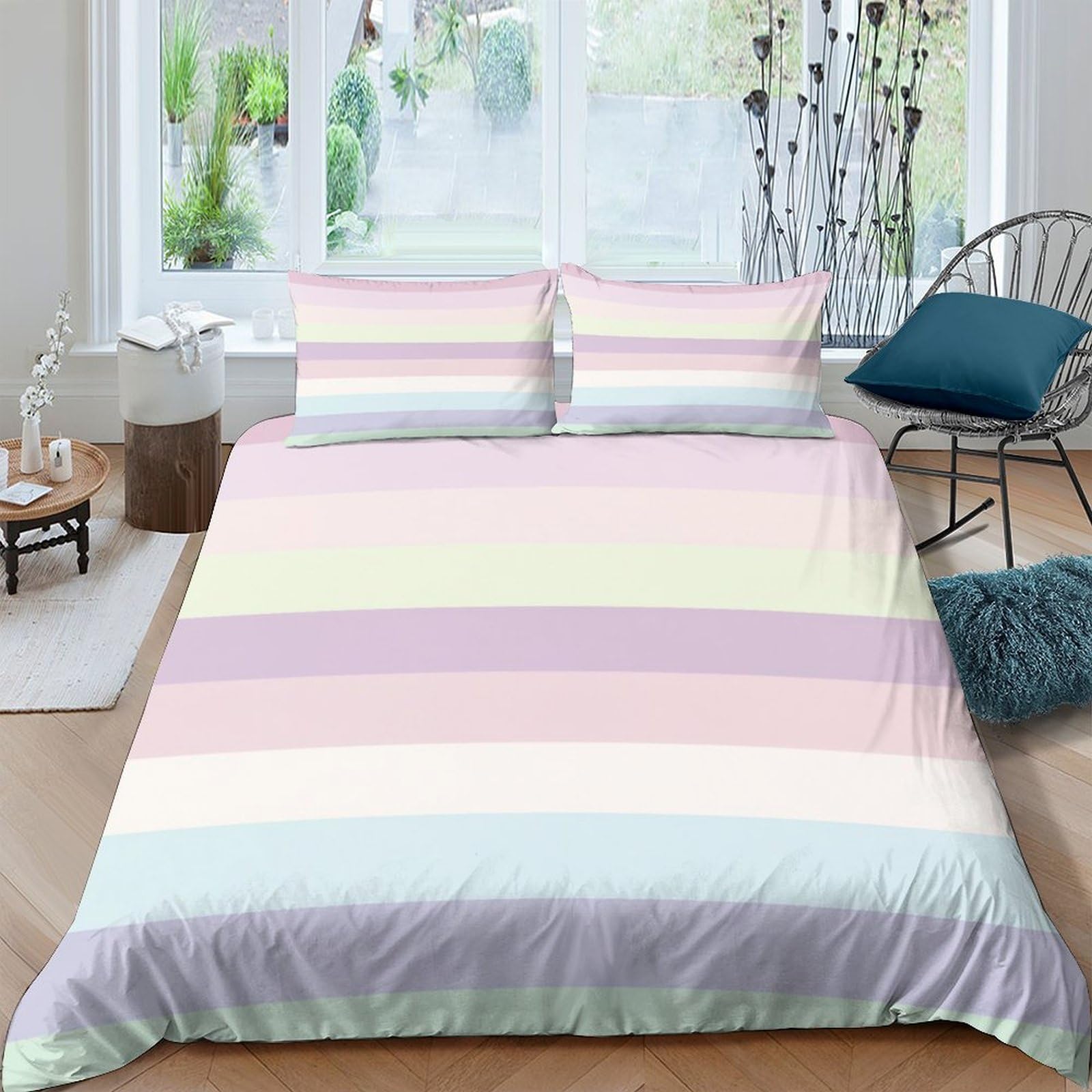 Ctjqhvkz Style-3 3D Printed Pastel Rainbow Stripe Fitted Sheet Microfiber Soft Mattress Cover For Bedroom Guest Room Home Decor Single（135X200cm）