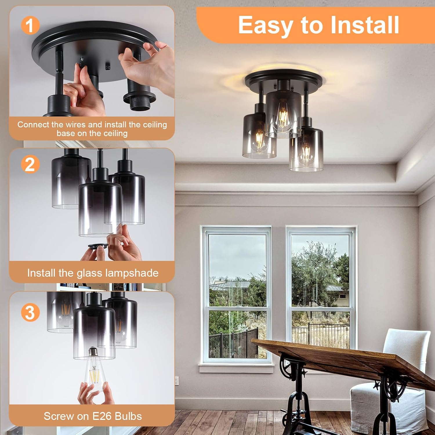 3-Light Black Semi Flush Mount Ceiling Light with Gradient Smoked Glass Shade, Modern Farmhouse Close to Ceiling Light Fixtures for Bedroom Kitchen Hallway Entryway, E26 Base