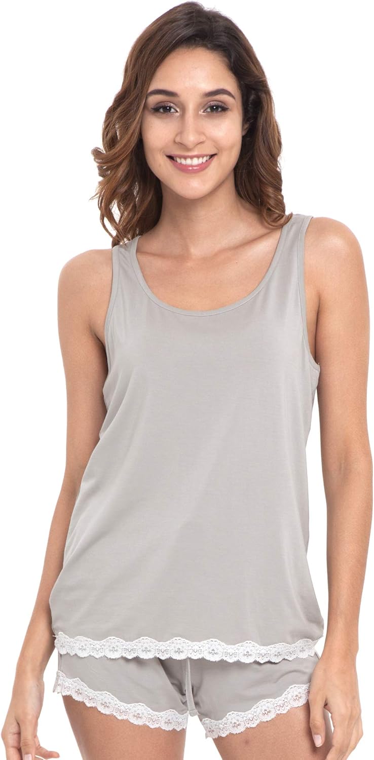 GYS Bamboo Viscose Pajamas for Women, Ultra Soft Summer Tank Top and Shorts Sleepwear Set with Lace Trim