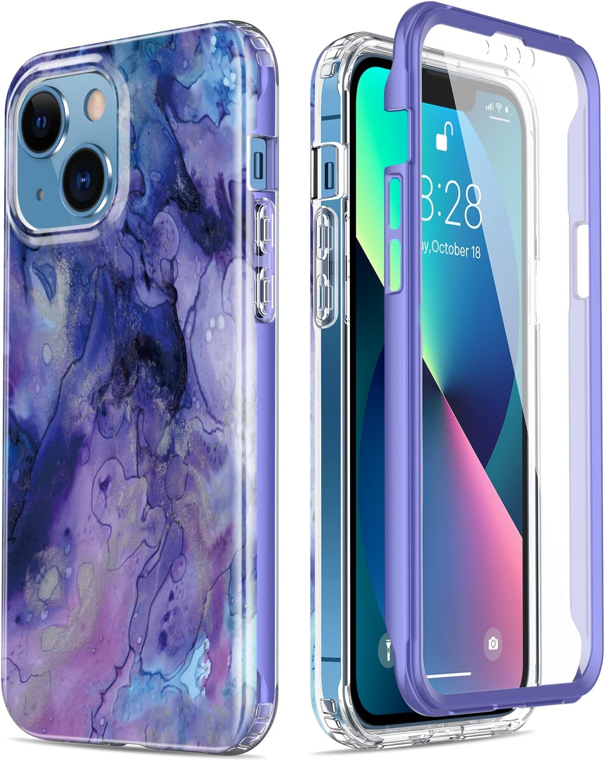 Esdot for iPhone 13 Case with Built-in Screen Protector,Military Grade Rugged Cover with Fashionable Designs for Women Girls,Protective Phone Case 6.1″ Purple Opal Marble